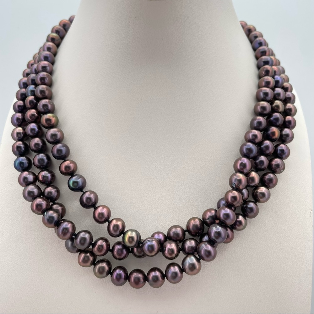 Elegant Long Knotted Peacock Freshwater Pearl Necklace Gold-Filled Clasp 53”Long